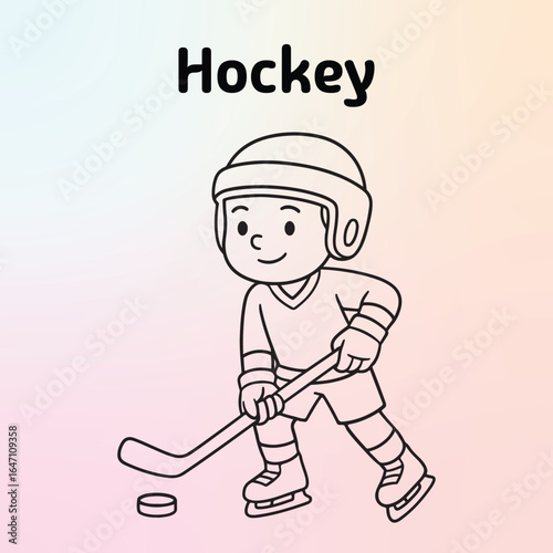 Cute black-and-white line art of a child playing hockey, wearing a helmet, gloves, and skates, holding a hockey stick ready to hit a puck.