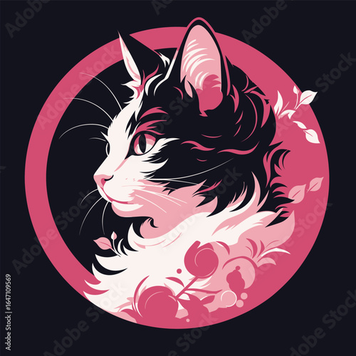 A black and white cat is sitting comfortably inside a pink circle. The cat is relaxed and appears content in its surroundings.