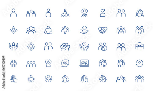 Minimalist Social and Community Icons, Editable Vector Art Featuring People, Network, Friend, Charity, Hand Signs, Connection, Collaboration, Support, Interaction, Teamwork and more.