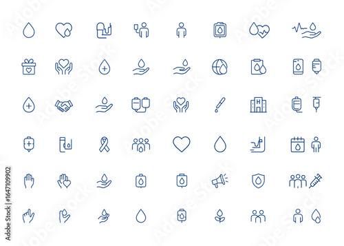 Minimalist blood donation icon set with editable stroke. Volunteer and donor line pictograms related to health, care, blood, heart, donate, support, vector illustration, awareness, charity and more.