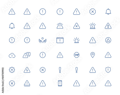 Minimalist alerts line icons with editable vector strokes. Attention and caution pictogram illustrations. Simple, clean line art for warning, safety, notification, alert symbols, vector and more.