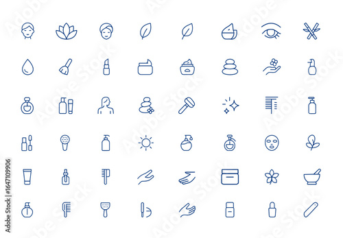 Modern minimalist beauty icon collection with editable stroke. Includes spa, skin care, makeup, cosmetic, glamour, beauty care, wellness, skincare tools, vector illustration, salon and more.