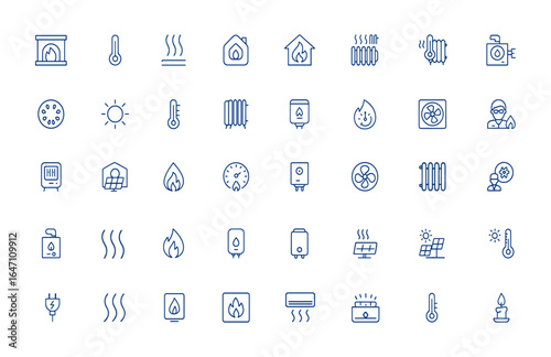 Modern heating icon pack with minimal pictograms of fireplace, temperature, heat, hot equipment. Editable vector art featuring clean, hot, heating symbols, energy, warmth and more.