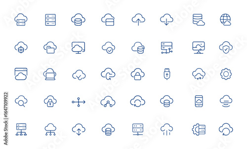 Minimal cloud server icons with pixel-perfect editable vectors. Includes technology symbols for computing, storage, network, database, hosting, and cloud infrastructure and more.