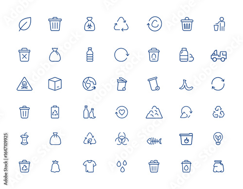 Minimalist garbage icons featuring eco, medical, dustbin, reuse, and waste symbols for websites, modern line style vector illustrations, environmental, recycling, trash management, clean and more.
