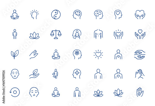 Minimalist thin line icons pack of mindfulness, yoga, balance, brain, psychology, human body, lotus, and care symbols. Editable vector illustration, wellness, meditation, mental health and more.