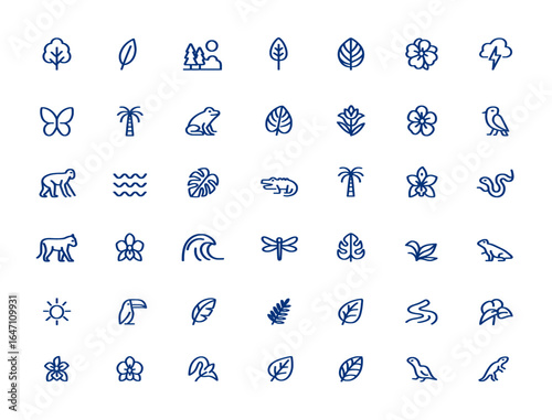 Modern rainforest icon with minimalist vector strokes, featuring botanical foliage, green forest, wildlife symbols, nature pictograms, editable infographic elements, eco, environment and more.