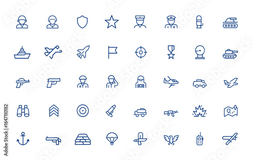 Minimalist army icon pack with thin linear symbols of soldier, warrior, navy, military, defense, force, war, and combat. Editable stroke web icons for security, tactics, and battle and more.