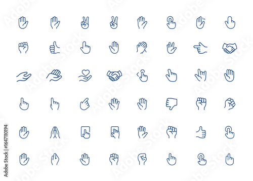 Modern minimalist thin UI icon illustration featuring hands gesture icons for communication, volunteer, peace, win, count, interface, touch, sign language, interaction, symbol and more.