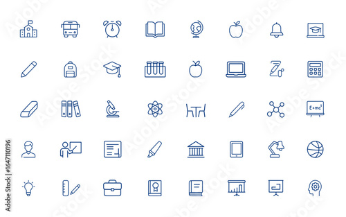 Minimal editable vector stroke icons for school, education, science, college, knowledge, book, classroom, learning tools, study, academic symbols, back to school essentials, teaching, student and more