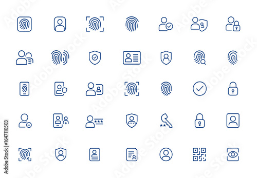 Modern biometric identity icons pack – minimal fingerprint, person authentication, information security, editable stroke vector illustration, identification line art, data protection and more.