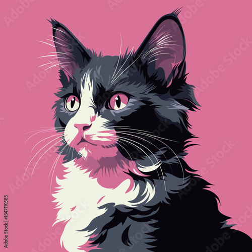 A black and white cat is sitting on a pink background. The cats fur contrasts sharply with the vibrant pink color behind it, creating a striking visual composition.