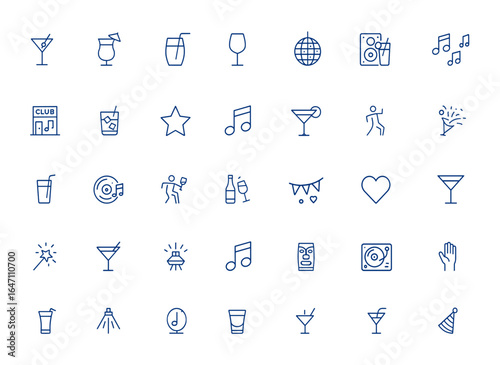 Minimalist nightclub icons: vector cocktail symbols for party, bar, disco, entertainment, nightlife, celebration, drinks, dance floor, clubbing, music, social events, nightlife vibes