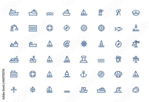 Minimalist marine icon pack with linear nautical symbols: ship, vessel, sea, maritime, transportation, shipping, editable stroke, pixel perfect, ocean, cargo, boat, sailing, harbor, seafaring and more