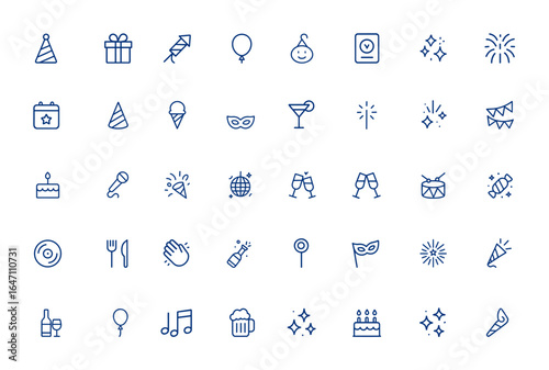Minimal thin line party icons with editable stroke vector art, birthday and celebration line icons featuring festival, holiday, fun, event, festive, joy, and social gathering symbols and more.