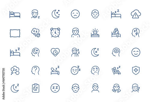 Sleep Trouble and Insomnia Icons for Mobile and Web Apps – Minimal Bedding, Sleepless, Bedtime, Problem, Sleep Disorder Symbols, Restlessness, Night Anxiety, Relaxation, Health and more.