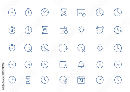 Minimalist duration icon collection with editable stroke vector art featuring modern timer, clock, hourglass, countdown, timetable, day, and time symbols for digital projects and more.