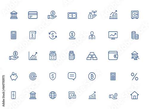 Minimalist linear bank icons featuring finance, payment, investment, money, wealth, financial transactions, banking, currency symbols, digital pay, economy and more.
