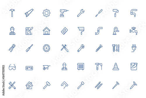 Minimal thin line vector icons of construction tools, machinery, plumbing, paint, mechanic, house repair, work symbols, web icons, and illustration for building and maintenance and more.