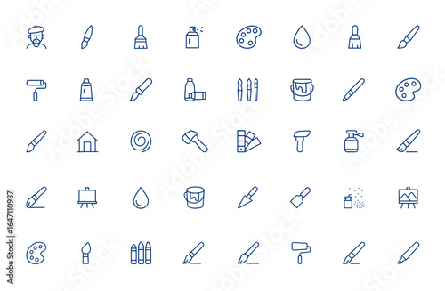 Painter and paint icons, brushes, spray, color, paintbrush, artist tools, vector outline icons, painting symbols, drawing, brushstroke, palette, decor, design, craft, fine art and more.