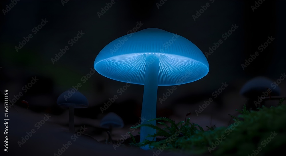 Fototapeta premium Ethereal Blue Light of a Bioluminescent Mushroom in a Mysterious Nocturnal Forest