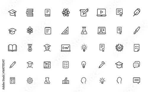 Minimalist outline vector icons of education, academic success, study, school, and books. Flat design icons for learning, knowledge, student, scholarship, and classroom essentials and more.