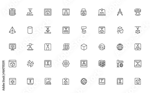 Minimalist 3D printing icons featuring filament, prototype, modeling, and printer symbols in a clean line vector style, perfect for technology, manufacturing, and design projects and more.