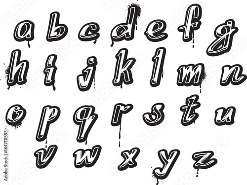 Graffiti lowercase letters of English alphabet, vector black spray paint grunge stencil typography font, lettering