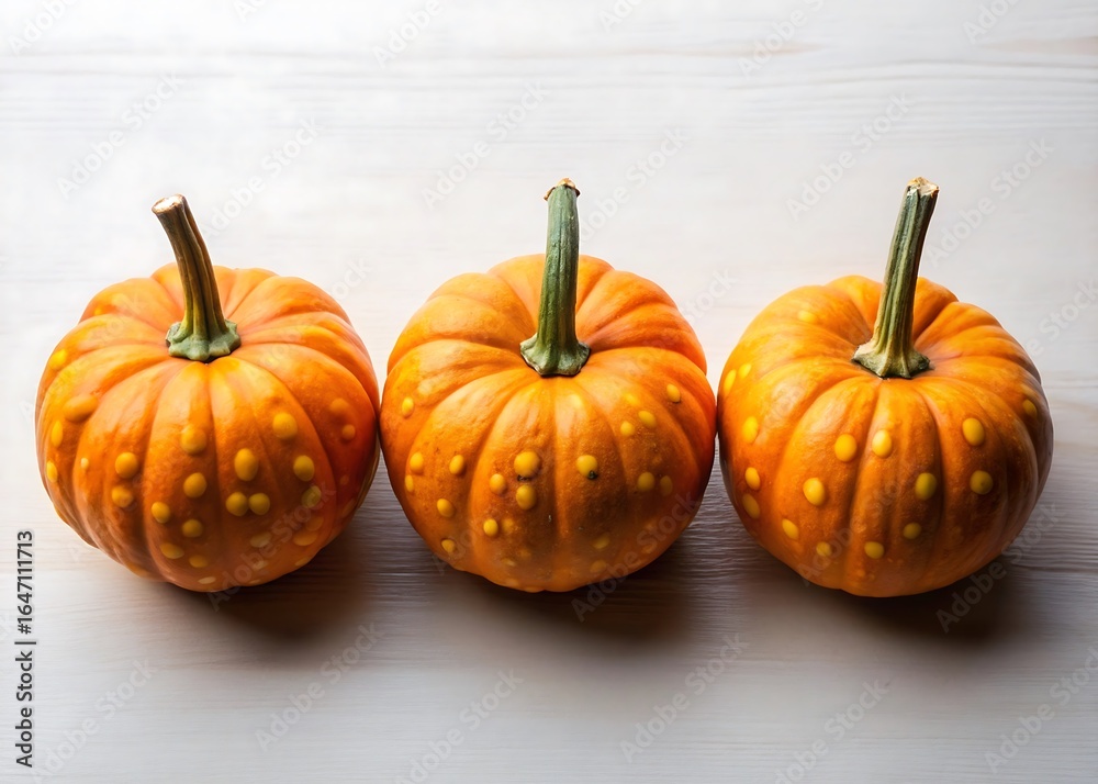 Obraz premium Three bumpy orange gourds arranged in a row on a white surface