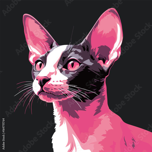 A black and white cat with striking pink eyes standing on a wooden floor, staring directly at the camera. The cat has an alert expression and sleek fur, creating a unique and memorable image.