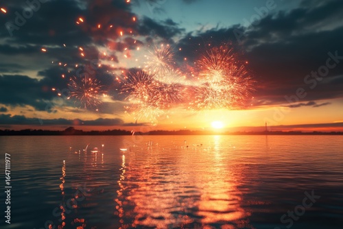 Fireworks over water at golden sunset sky