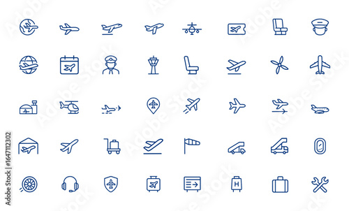 Minimalist aviation icon with editable stroke, featuring aircraft, air bus, flight, transport and transportation symbols, modern outline vector illustration, travel, airplane and more.