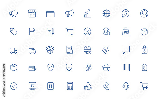 Minimal linear icons for online sales and e-commerce: marketing, commerce, payment, advertising, bar chart, market trends, digital business, shopping, transaction, buying, selling and more.