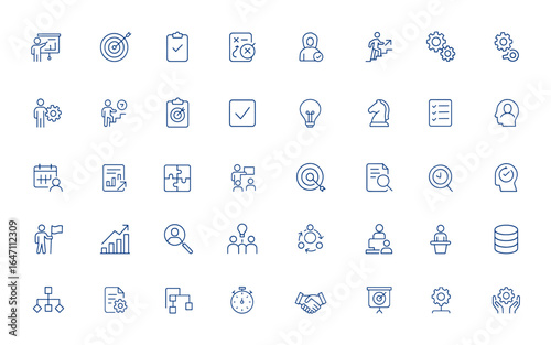 Action plan line icons featuring training, goals, objectives, tasks, and resources. Editable stroke vector icons and illustrations for project management, productivity, workflow, strategy and more.