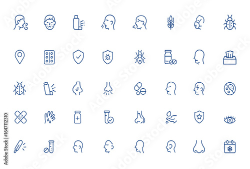 Minimalist thin outline allergy icon pack featuring editable stroke asthma, disease, treatment, and allergic icons. Pixel perfect disease symbols for healthcare, medical, symptom and more.