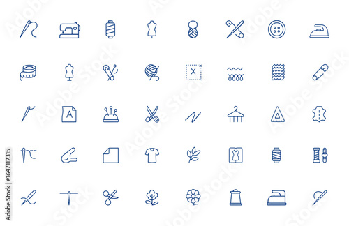 Minimalist sewing and dressmaking icons, tailor and fashion vector illustrations, pixel perfect modern line icons for design, sew symbols, needlecraft graphics, embroidery, stitching and more.