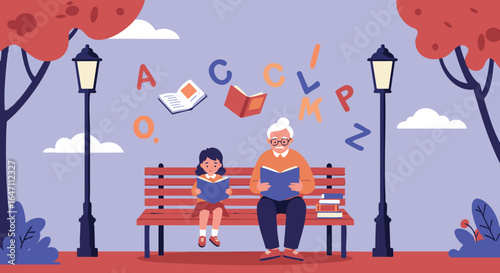 Grandfather and Granddaughter Reading in Park