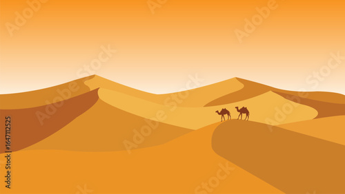Flat vector illustration of a desert scene featuring rolling sand dunes and two camels walking under the warm sun. A peaceful and minimal desert view for travel or nature themes.