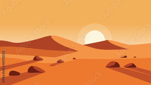 Vector landscape of a desert at sunset with rocky terrain and orange-hued sand dunes. Ideal for backgrounds, travel designs, and nature concepts.