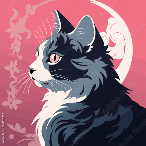 A black and white cat is sitting in front of a bright pink background. The cat looks alert and attentive, with its ears perked up. Its eyes are focused straight ahead, possibly observing something in 