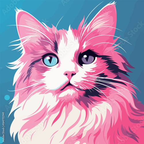A detailed view of a cats face, showcasing its striking blue eyes. The felines pupils are dilated, adding to the intensity of its gaze. The fur is fluffy and well-groomed, framing the expressive eyes.