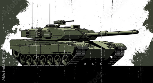 Bold illustration of a green heavy combat tank with distressed elements