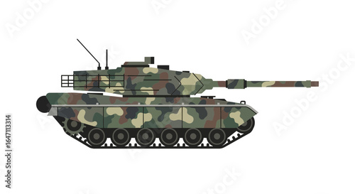 Camouflage military armored tank in flat vector isolated over white