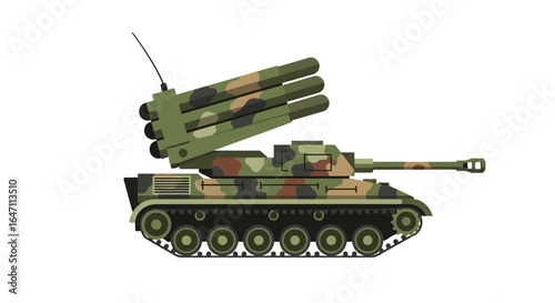 Camouflaged military tank vector illustration in army design style isolated
