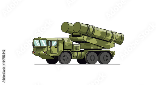 Camouflaged missile launcher truck on a white backdrop, warfare concept