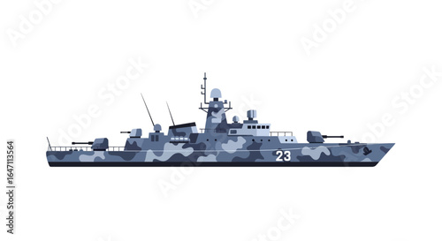 Camouflaged military warship on white background marine vessel design