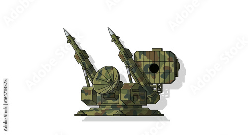 Camouflaged missile system illustration against white background for defense theme