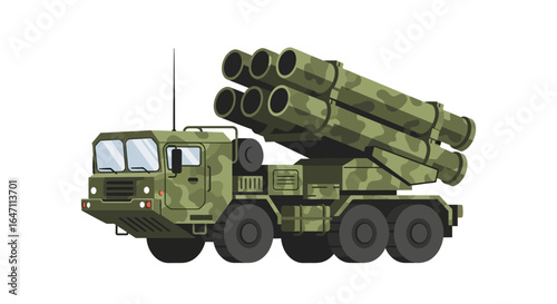 Camouflaged multiple rocket launcher system on a white backdrop graphic