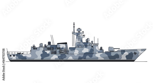 Camouflaged Naval Warship Illustration, Advanced Maritime Combat Vessel Design
