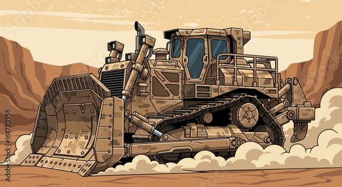 Cartoon bulldozer illustration excavating earth in a desert landscape